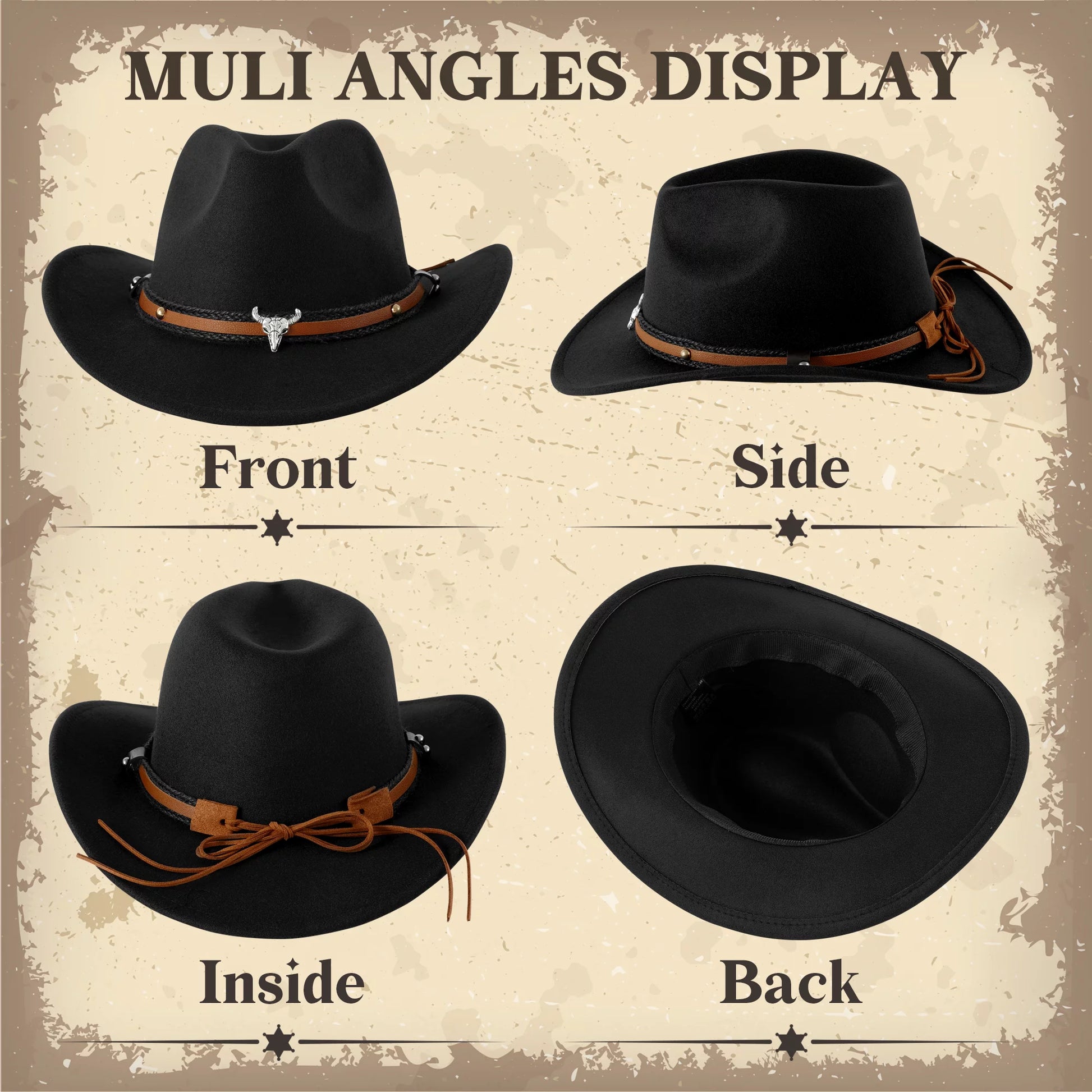 Black Cowboy Hat for Adult Men Women Cowgirl Hat with Adjustable Leather Hat Band Western Cattleman Cow Boy Rodeo Outfit for Outdoor Activities, Parties, Farm-Related Events, Music Festivals