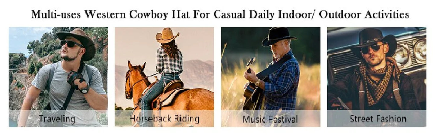 Black Cowboy Hat for Adult Men Women Cowgirl Hat with Adjustable Leather Hat Band Western Cattleman Cow Boy Rodeo Outfit for Outdoor Activities, Parties, Farm-Related Events, Music Festivals