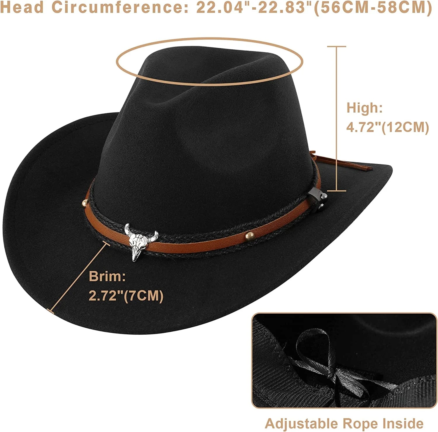 Black Cowboy Hat for Adult Men Women Cowgirl Hat with Adjustable Leather Hat Band Western Cattleman Cow Boy Rodeo Outfit for Outdoor Activities, Parties, Farm-Related Events, Music Festivals